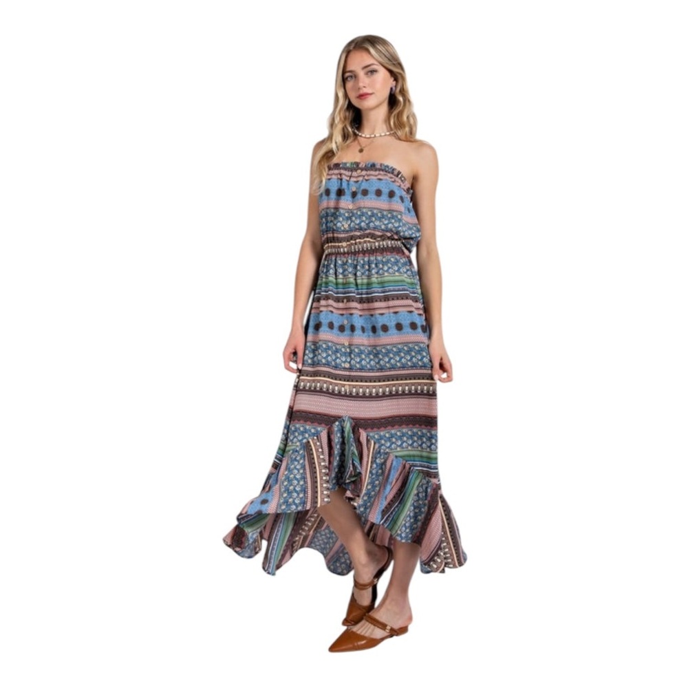 Gabby Sky Blue Mixed Print Button Detailed Tube Midi Dress Strapless Maxi Dress